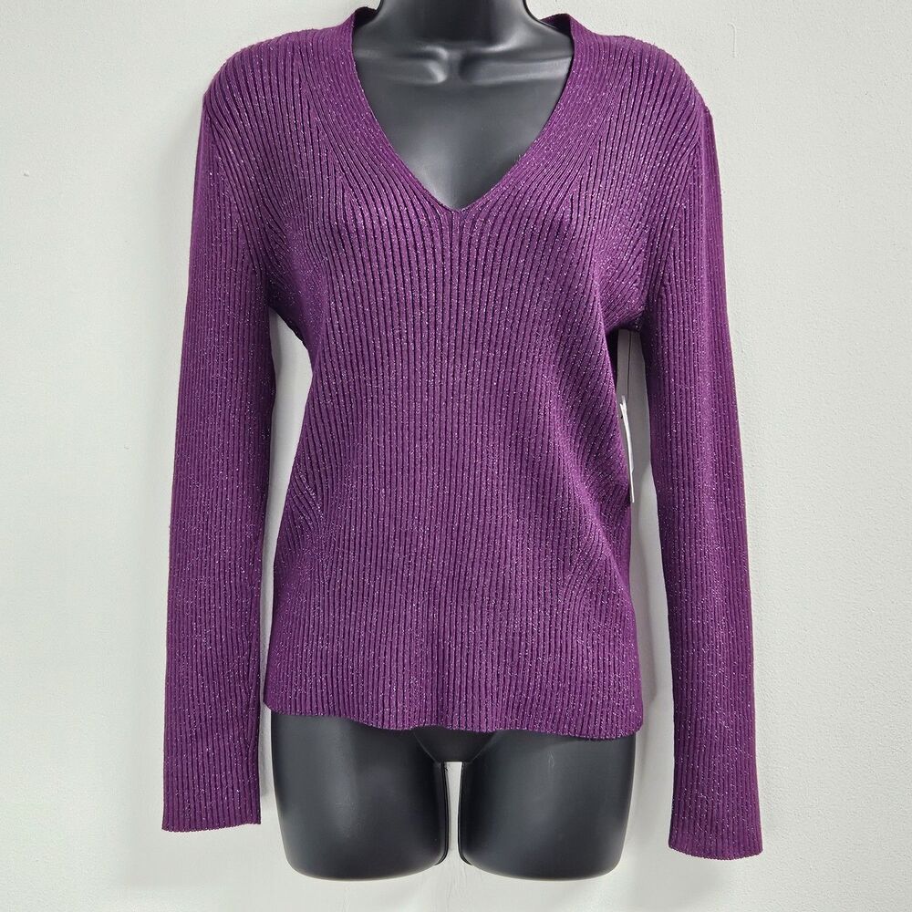Nine West Sweater Women Large Plum Purple V Neck Pullover Cozy Soft Casual